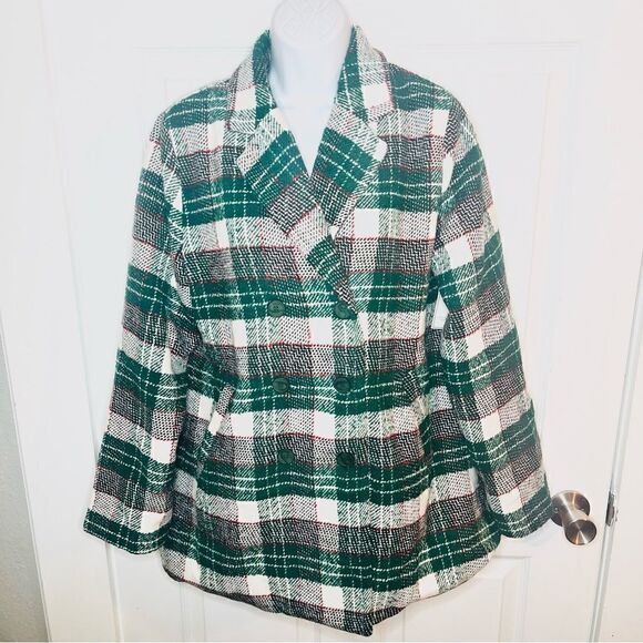 Aura Beauty And Style Dark Emerald Plaid Pea Coat Green Double Breasted L NWT - Picture 6 of 13